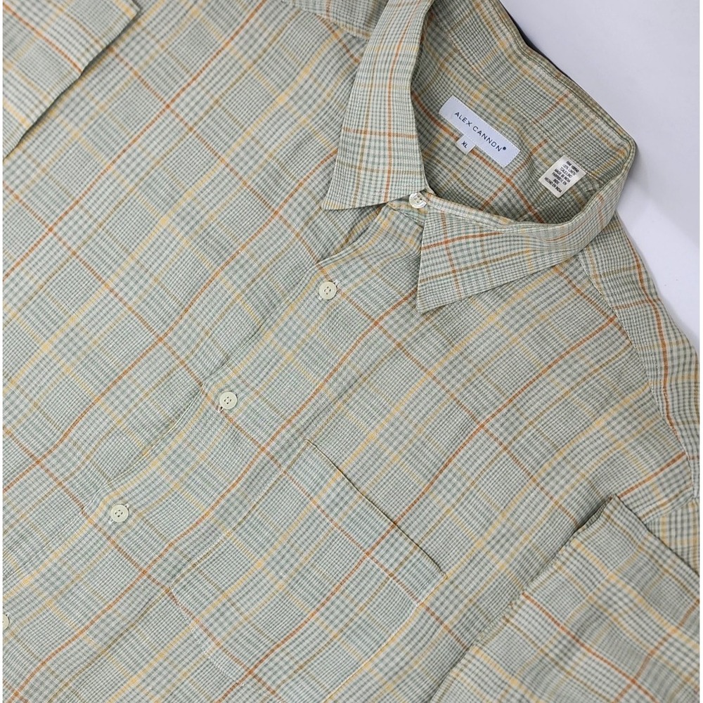 Alex‎ Cannon 100% Linen Short Sleeve Button Up Shirt Men's Size XL Green Plaid